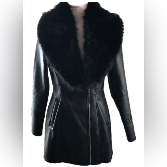Black Faux Fur Trim Leather Jacket - Picture 1 of 2